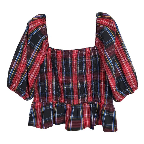 Draper James RSVP XL Blouse Plaid Smocked Puff Elbow Sleeve Peplum Square Neck - Picture 2 of 7